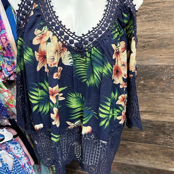Rain Floral Navy Blue Lace Trim Open Shoulder Blouse - Picture 1 of 8
